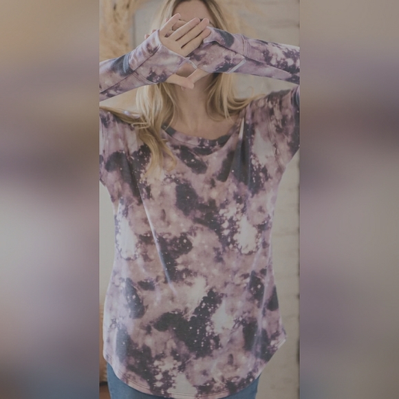 Purple Tie Dye Mix Raw Edge Thumbhole Long Sleeve Top - Picture 4 of 4